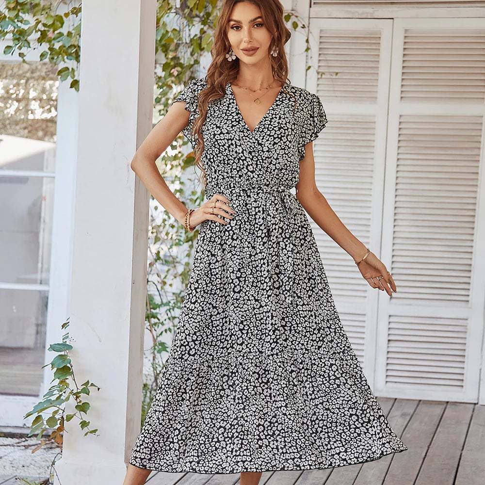 Summer Dresses Ruffle Cap Sleeve V Neck Belt Wrap Split Boho Floral Long Casual Party Beach Dress-POIULTD