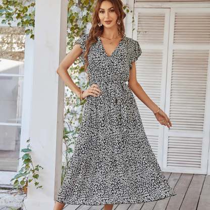 Summer Dresses Ruffle Cap Sleeve V Neck Belt Wrap Split Boho Floral Long Casual Party Beach Dress-POIULTD