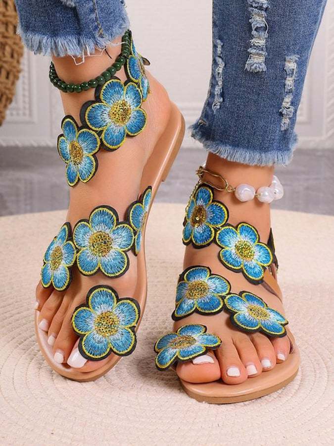 Women's Bohemian Flat Toe Colorful Flower Sandals-POIULTD