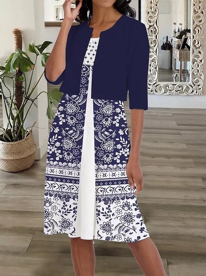 2022 summer new women's two-piece printed round neck chiffon dress-POIULTD