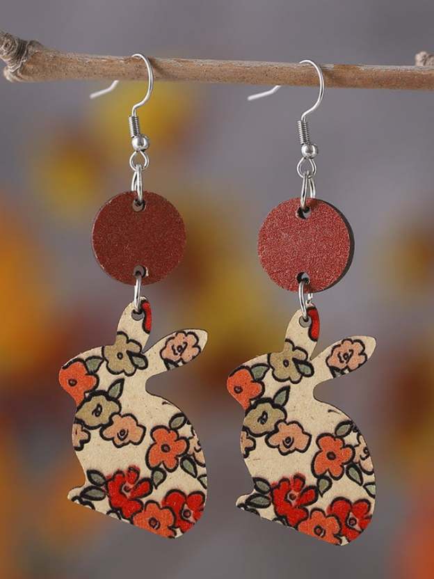 Easter Flower Bunny Reversible Wooden Earrings-POIULTD