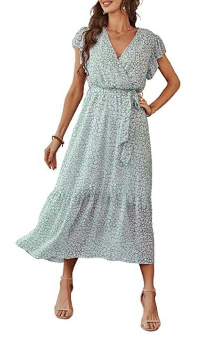 Summer Dresses Ruffle Cap Sleeve V Neck Belt Wrap Split Boho Floral Long Casual Party Beach Dress-POIULTD
