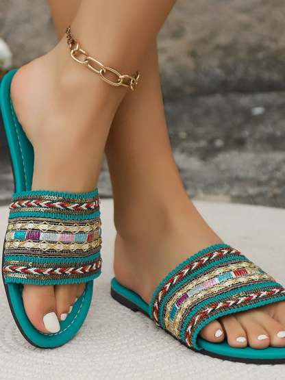 Ladies Ethnic Style Bohemian Casual Flat Sandals-POIULTD