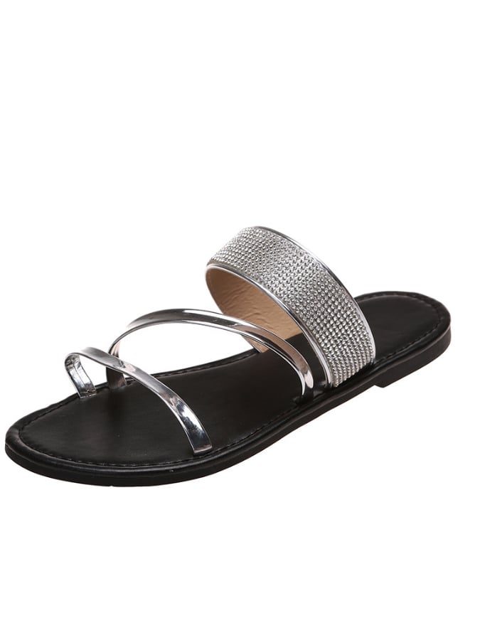 Flat -Bottom Slippers Female Round Head Sequin Rhinestone Light Slippers-POIULTD