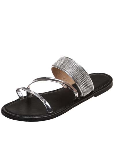 Flat -Bottom Slippers Female Round Head Sequin Rhinestone Light Slippers-POIULTD