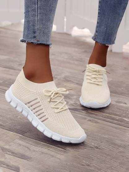 Spring New Fashion And Comfortable Flying Weaving Mesh Single Shoes Women's Shoes Breathable Sneakers Deep Mouth Lace -Up Loose Cake Bottom Casual Shoes Female-POIULTD
