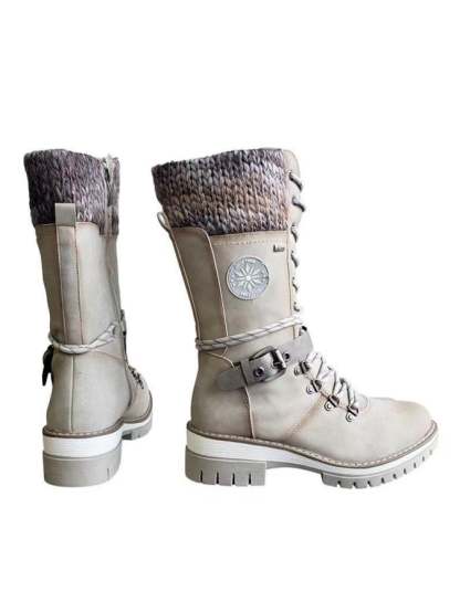 The New Mid -Tube Martin Boots Round -Headed Pure Color Thick Heel Front Line Lace Snow Boots Women's Boots-POIULTD