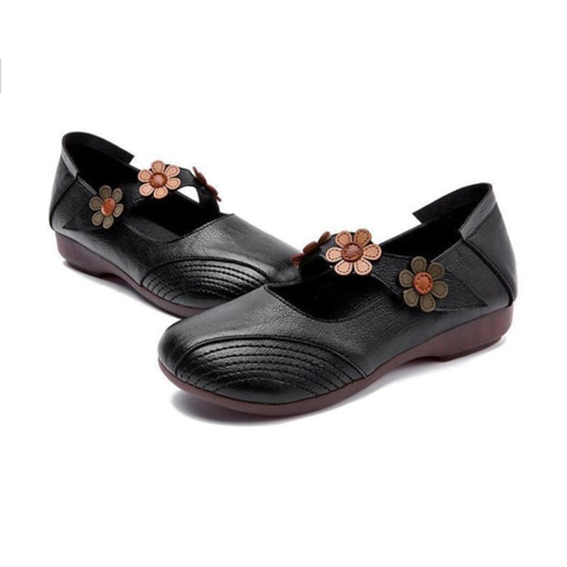 Women's Fall Retro Casual Floral Velcro Comfy Pumps Flat PU Leather Shoes-POIULTD