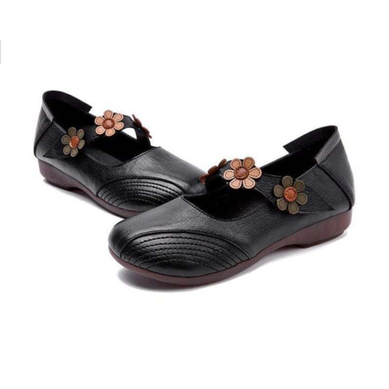 Women's Fall Retro Casual Floral Velcro Comfy Pumps Flat PU Leather Shoes-POIULTD