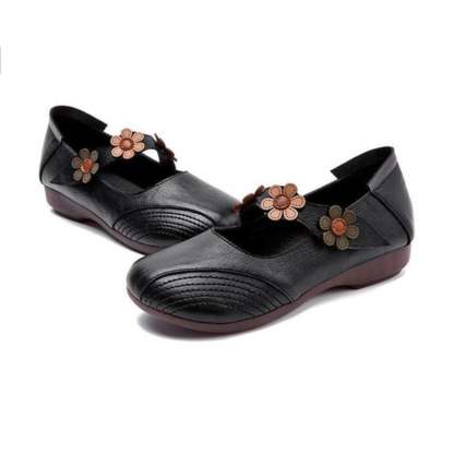 Women's Fall Retro Casual Floral Velcro Comfy Pumps Flat PU Leather Shoes-POIULTD