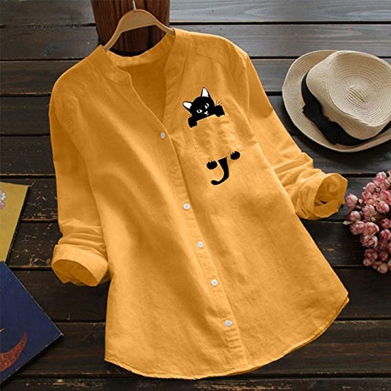 🔥V-neck Cotton And Cat Print Long Sleeve Blouse-POIULTD