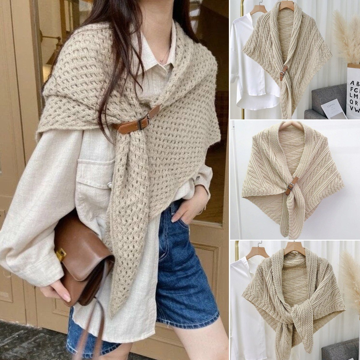 Knitted Triangle Shawl with Leather Buckle-POIULTD