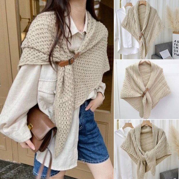 Knitted Triangle Shawl with Leather Buckle-POIULTD