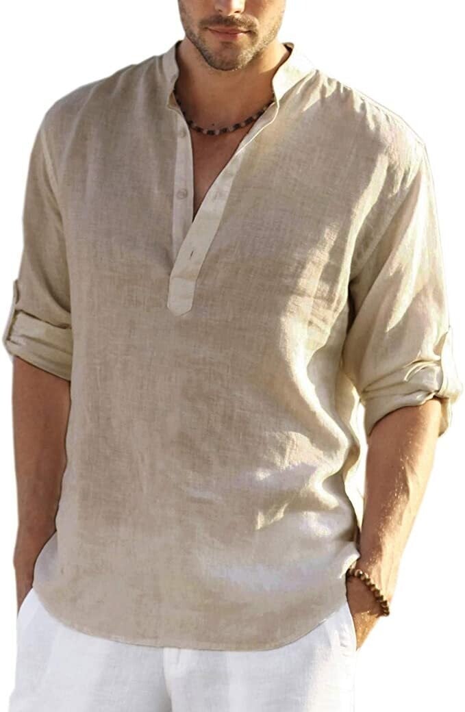 2024 Men's Cotton Linen Henley Shirt Long Sleeve Hippie Casual Beach T Shirts-POIULTD