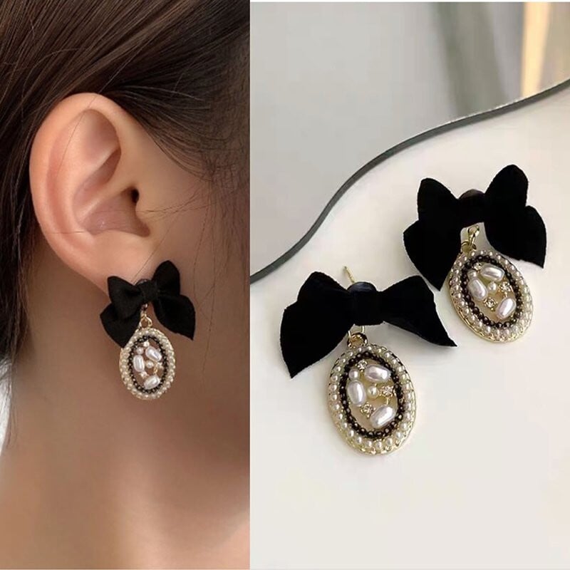 Bow Oval Pearl Earrings-POIULTD