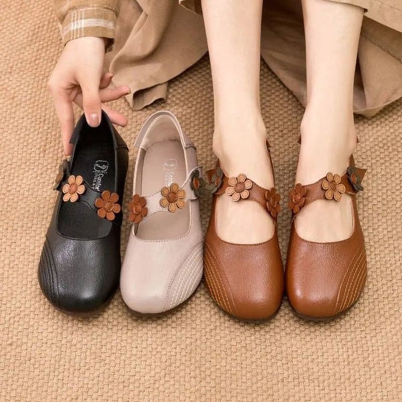 Women's Fall Retro Casual Floral Velcro Comfy Pumps Flat PU Leather Shoes-POIULTD