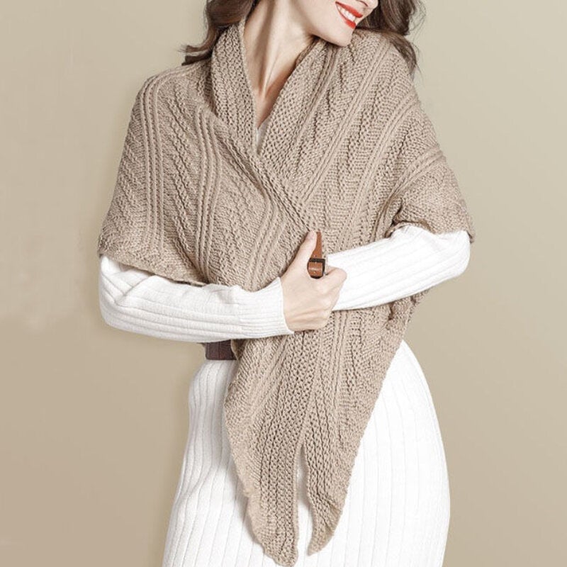Knitted Triangle Shawl with Leather Buckle-POIULTD
