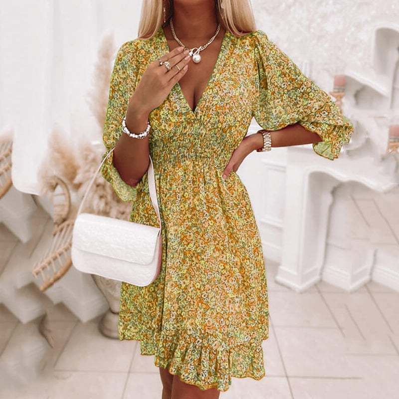 Puff Sleeve Mid Waist Floral Dress-POIULTD