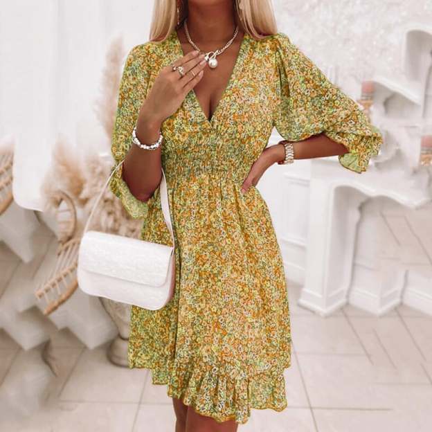 Puff Sleeve Mid Waist Floral Dress-POIULTD