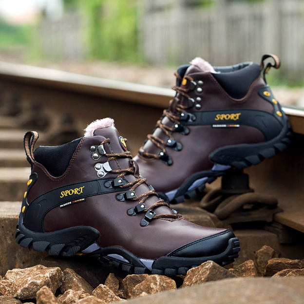 (⏰Limited Time Sale 69%off)Men's Genuine Leather Waterproof Hiking Boots Wide-Toe Warm Insulated Winter Ankle Boots-POIULTD