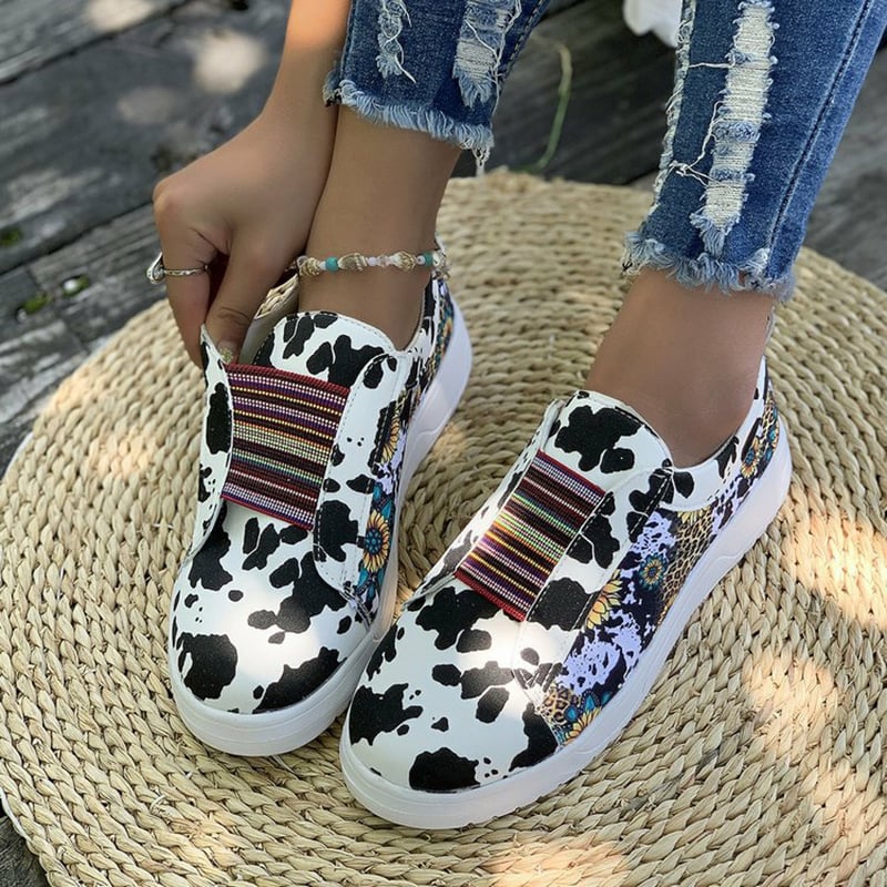 Women's Retro Cow Print Casual Flat Shoes-POIULTD