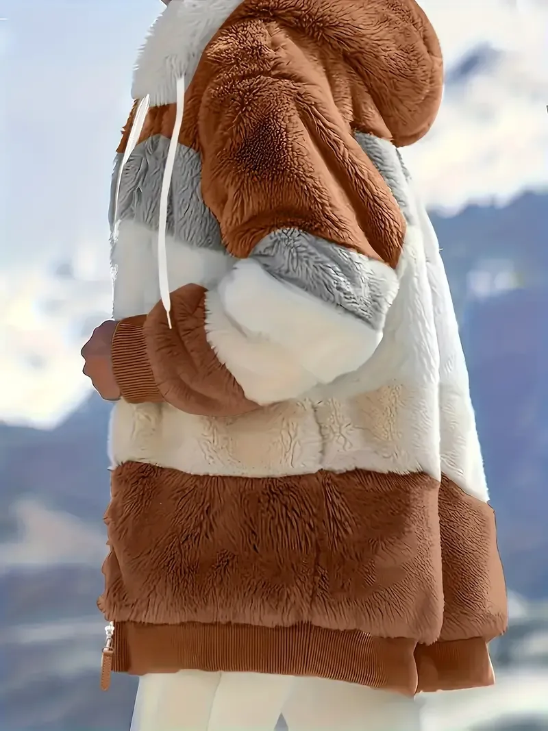 Fuzzy Color Block Coat, Casual Hooded Zip Up Drawstring Long Sleeve Outerwear, Women's Clothing