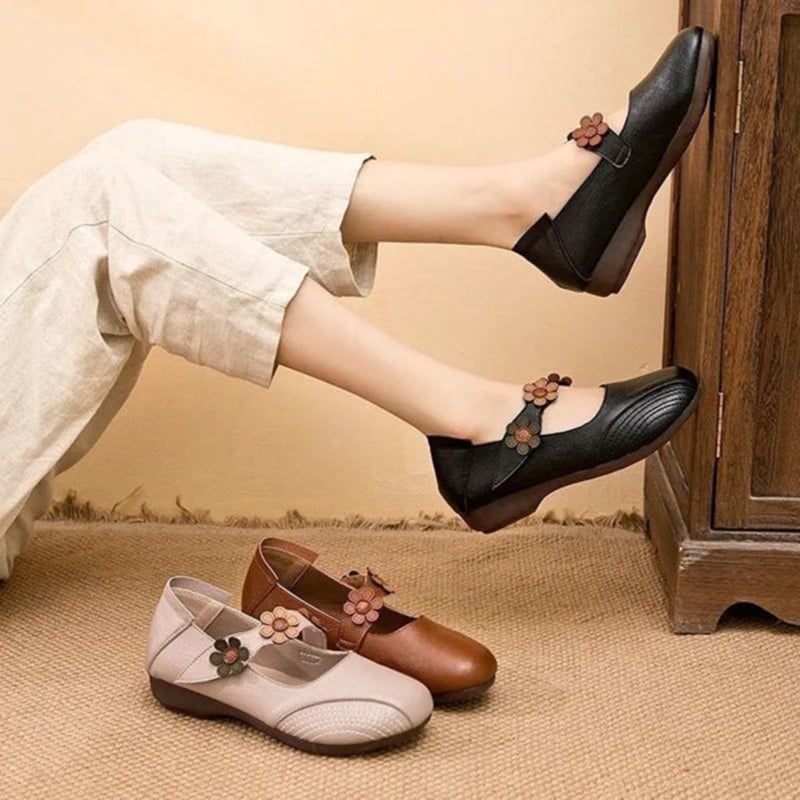 Women's Fall Retro Casual Floral Velcro Comfy Pumps Flat PU Leather Shoes-POIULTD