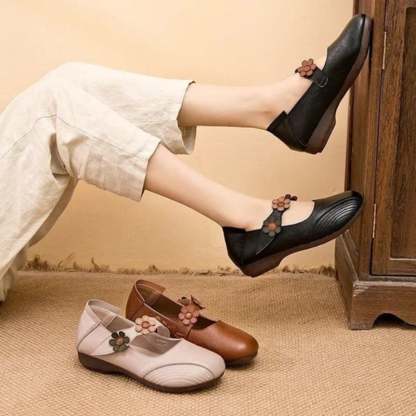 Women's Fall Retro Casual Floral Velcro Comfy Pumps Flat PU Leather Shoes-POIULTD