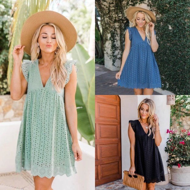 💖summer V-neck short-sleeved hollow lace dress👗-POIULTD