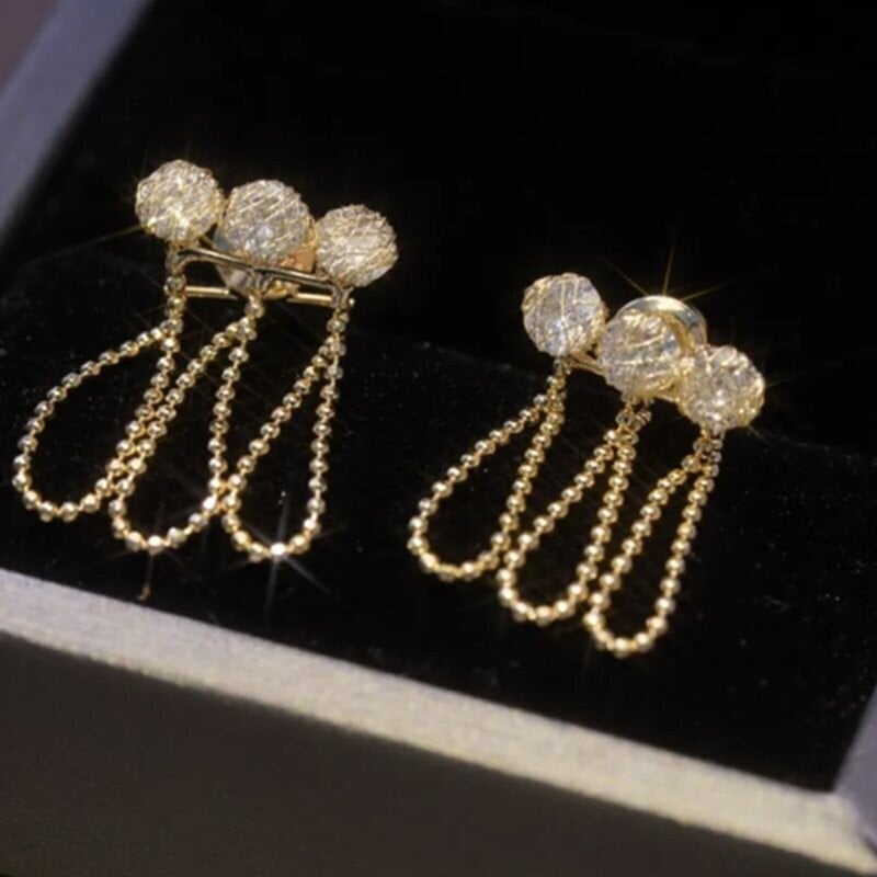 Metal mesh zircon chain tassel earrings-POIULTD