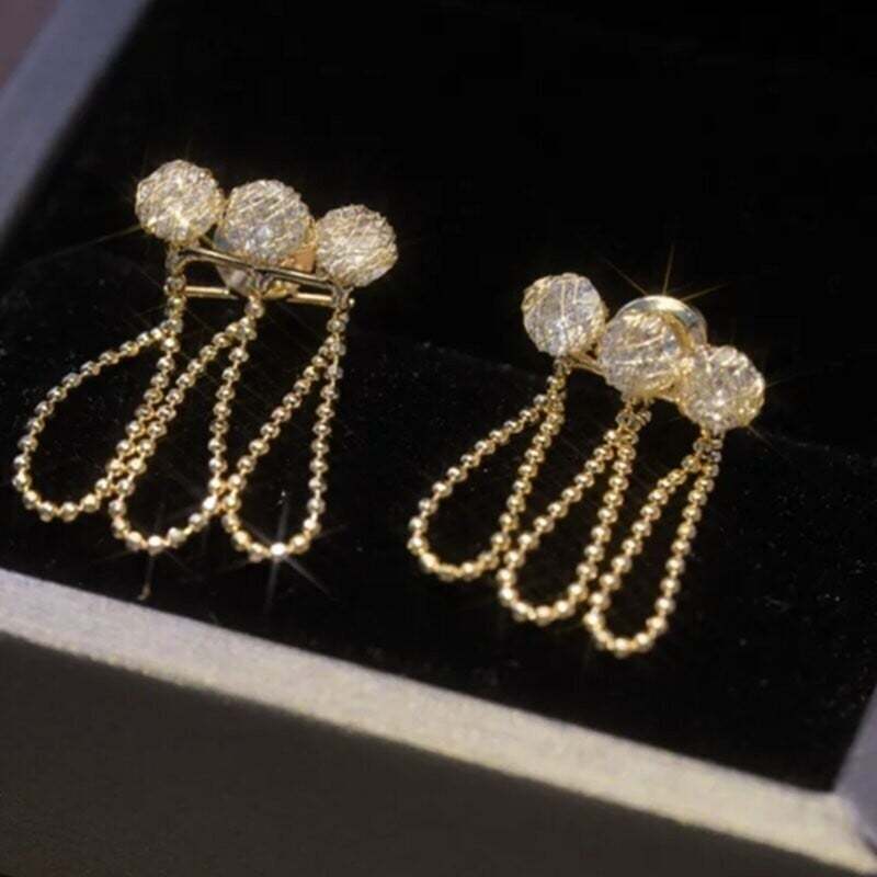 Metal mesh zircon chain tassel earrings-POIULTD
