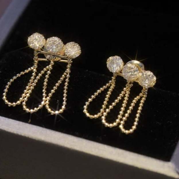 Metal mesh zircon chain tassel earrings-POIULTD