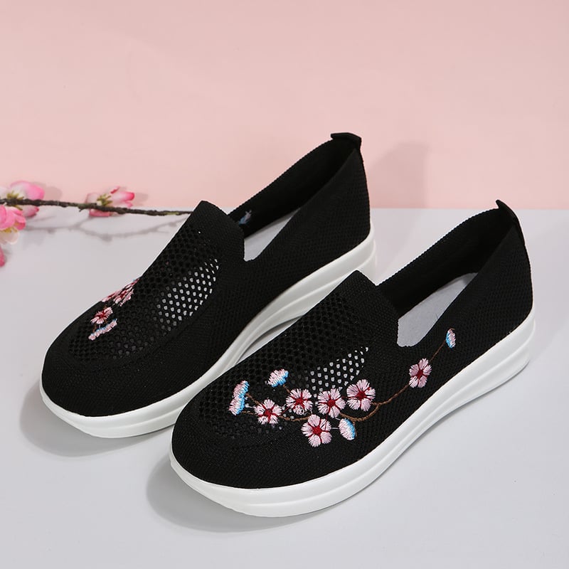 Casual Stretch Embroidery Flat Women's Flyknit Shoes-POIULTD