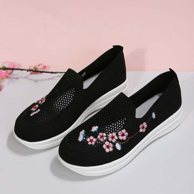 Casual Stretch Embroidery Flat Women's Flyknit Shoes-POIULTD