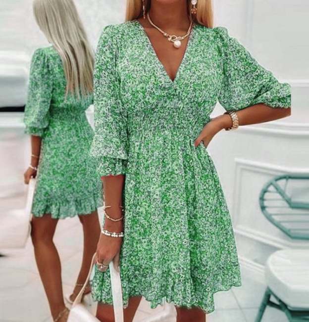 Puff Sleeve Mid Waist Floral Dress-POIULTD
