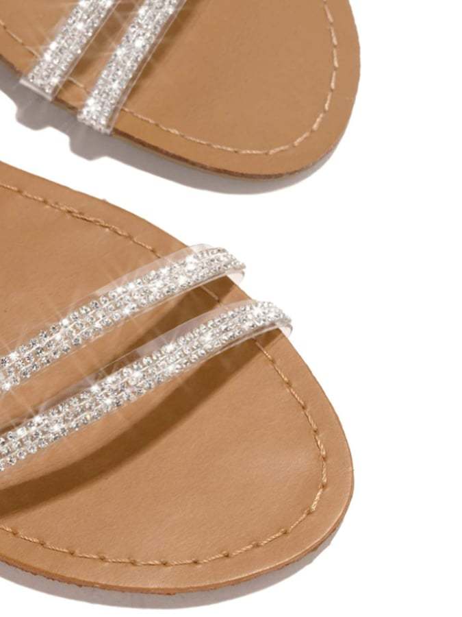 Summer New Round Head Solid Color Strap Rhinestone Large -Size Strap Flash Women's Fashion Sandals Cross Band-POIULTD