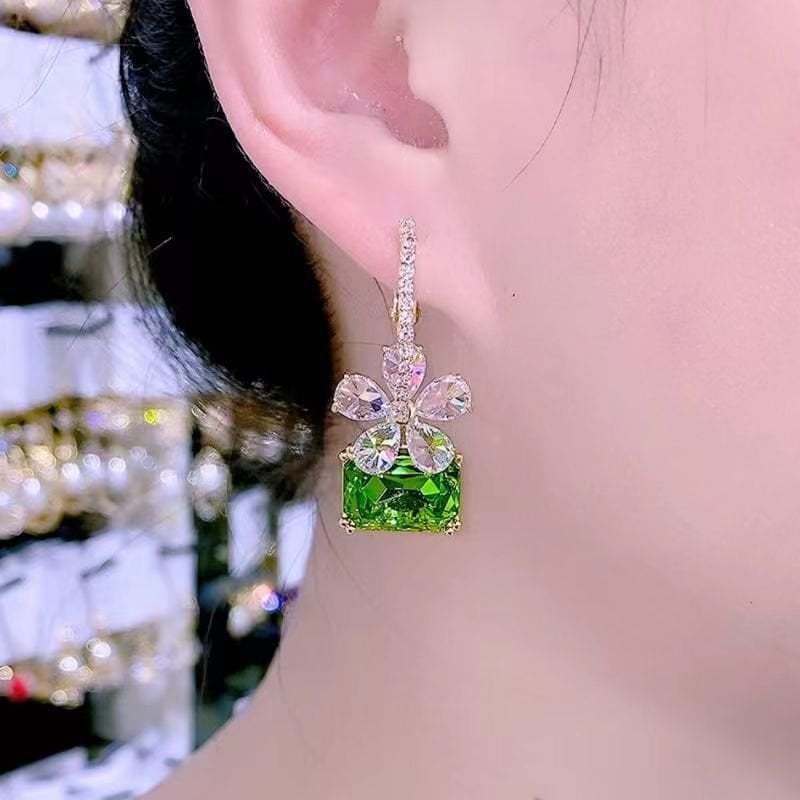 Green Flower Crystal Earrings-POIULTD