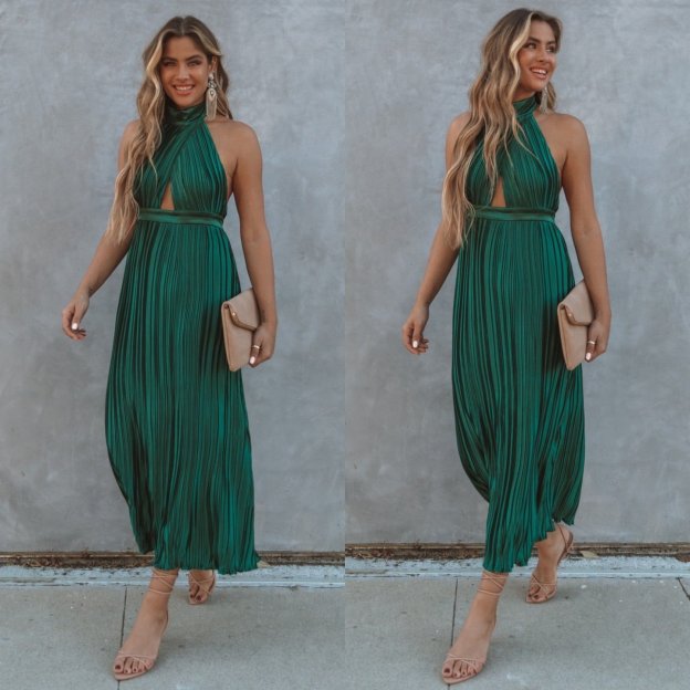 Accordion pleats Halter Maxi Dress-POIULTD