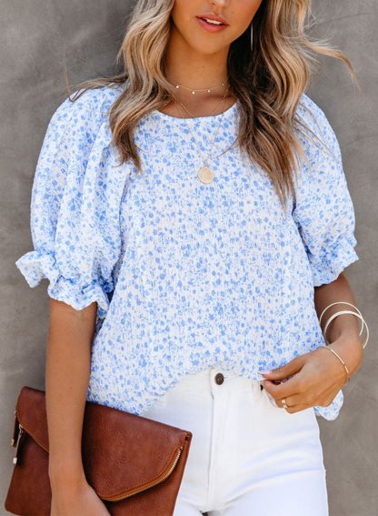 Chiffon Floral Puff-Sleeve Top-POIULTD