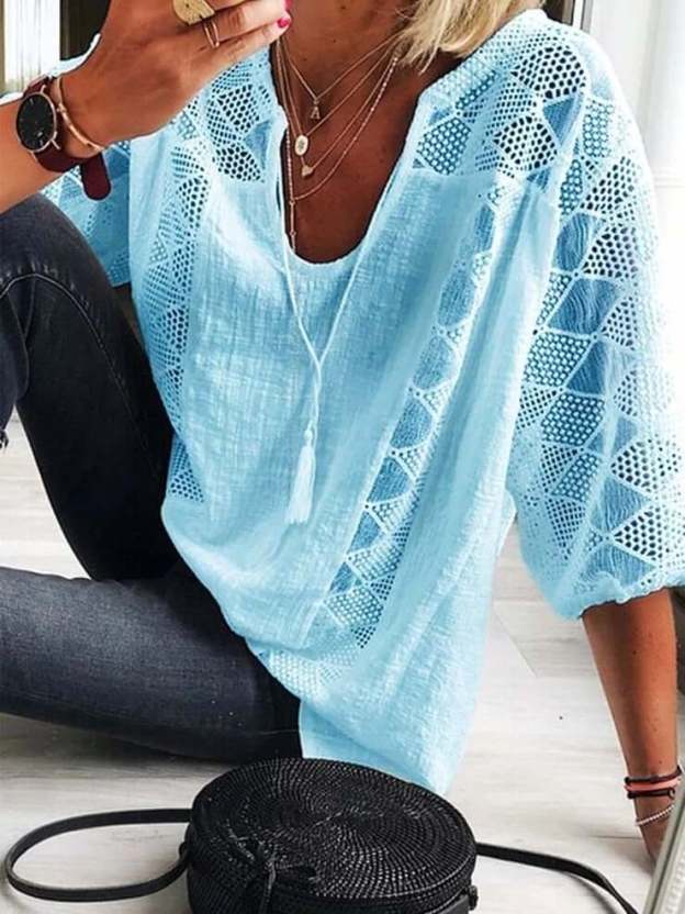 Women's U-neck blouse with sleeves-POIULTD
