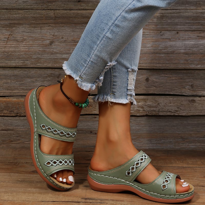 Retro Anti Slip Round Toe Sloping Heel Comfortable Women'S Slippers-POIULTD