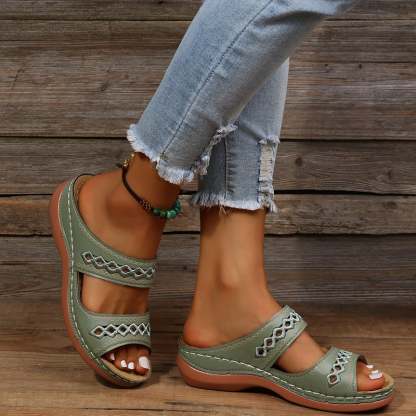 Retro Anti Slip Round Toe Sloping Heel Comfortable Women'S Slippers-POIULTD