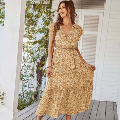 Summer Dresses Ruffle Cap Sleeve V Neck Belt Wrap Split Boho Floral Long Casual Party Beach Dress-POIULTD