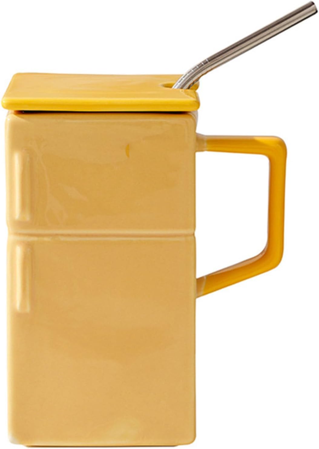 18 Oz Funny Ceramic Mug Refrigerator Shaped Cups, Creative Retro Tea Coffee Milk Cup With Lid Straw, Special-Shaped Coffee Cup For Office And Home,Silver-Gray-POIULTD