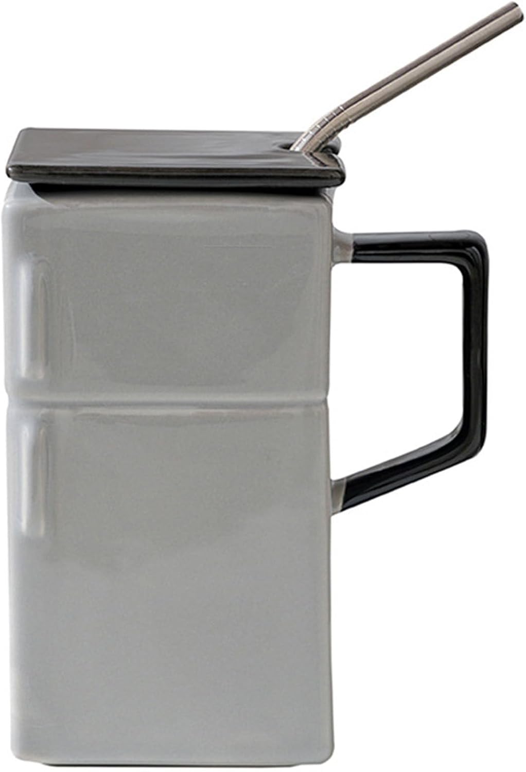 18 Oz Funny Ceramic Mug Refrigerator Shaped Cups, Creative Retro Tea Coffee Milk Cup With Lid Straw, Special-Shaped Coffee Cup For Office And Home,Silver-Gray-POIULTD