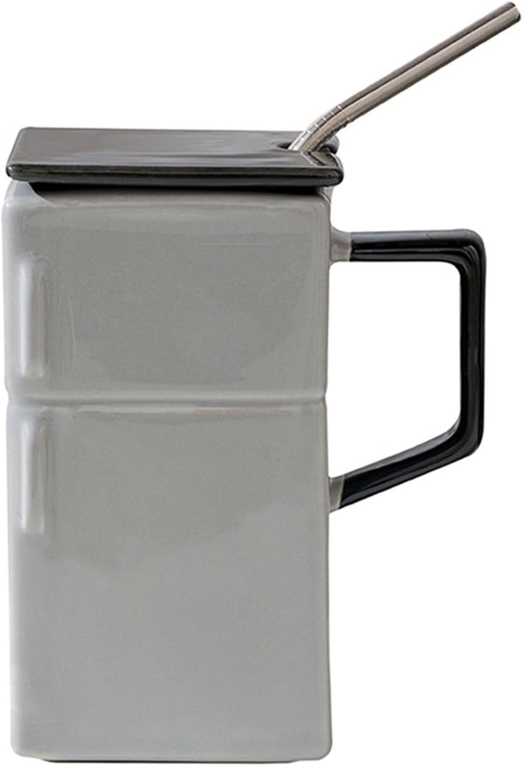 18 Oz Funny Ceramic Mug Refrigerator Shaped Cups, Creative Retro Tea Coffee Milk Cup With Lid Straw, Special-Shaped Coffee Cup For Office And Home,Silver-Gray-POIULTD