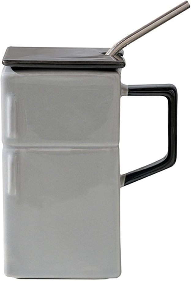 18 Oz Funny Ceramic Mug Refrigerator Shaped Cups, Creative Retro Tea Coffee Milk Cup With Lid Straw, Special-Shaped Coffee Cup For Office And Home,Silver-Gray-POIULTD