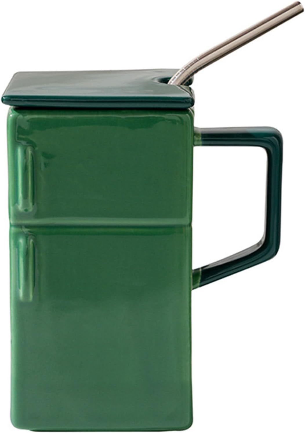 18 Oz Funny Ceramic Mug Refrigerator Shaped Cups, Creative Retro Tea Coffee Milk Cup With Lid Straw, Special-Shaped Coffee Cup For Office And Home,Silver-Gray-POIULTD