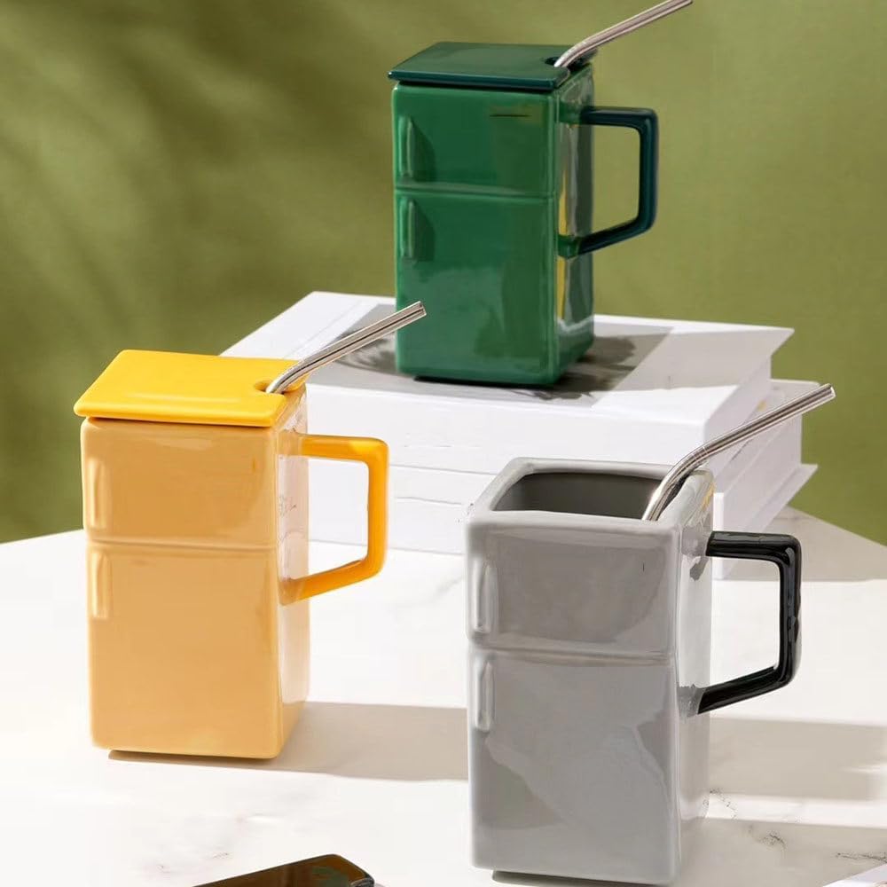 18 Oz Funny Ceramic Mug Refrigerator Shaped Cups, Creative Retro Tea Coffee Milk Cup With Lid Straw, Special-Shaped Coffee Cup For Office And Home,Silver-Gray-POIULTD
