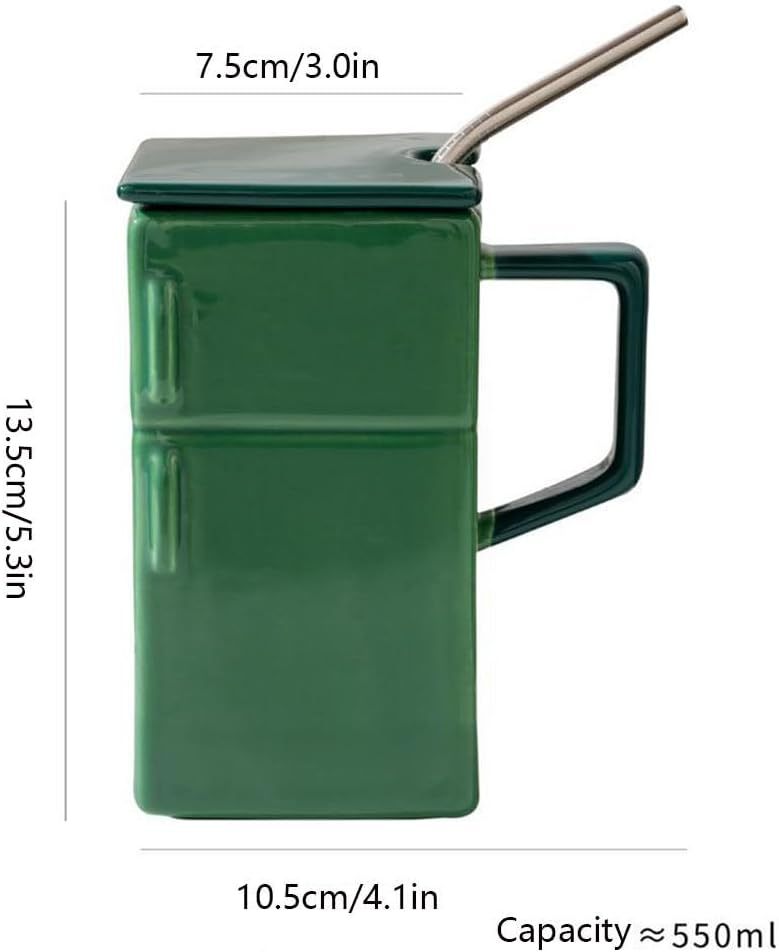 18 Oz Funny Ceramic Mug Refrigerator Shaped Cups, Creative Retro Tea Coffee Milk Cup With Lid Straw, Special-Shaped Coffee Cup For Office And Home,Silver-Gray-POIULTD